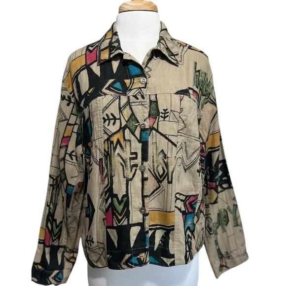 Chicos Vintage Y2K Boho Abstract Linen Button Down Light Shacket Jacket sz 2 L - Picture 1 of 8